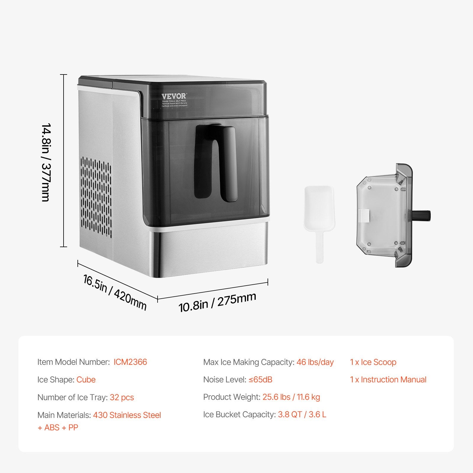 Portable Countertop Ice Maker 50Lbs 24H Self-Cleaning With 3 Sizes Ice Cube