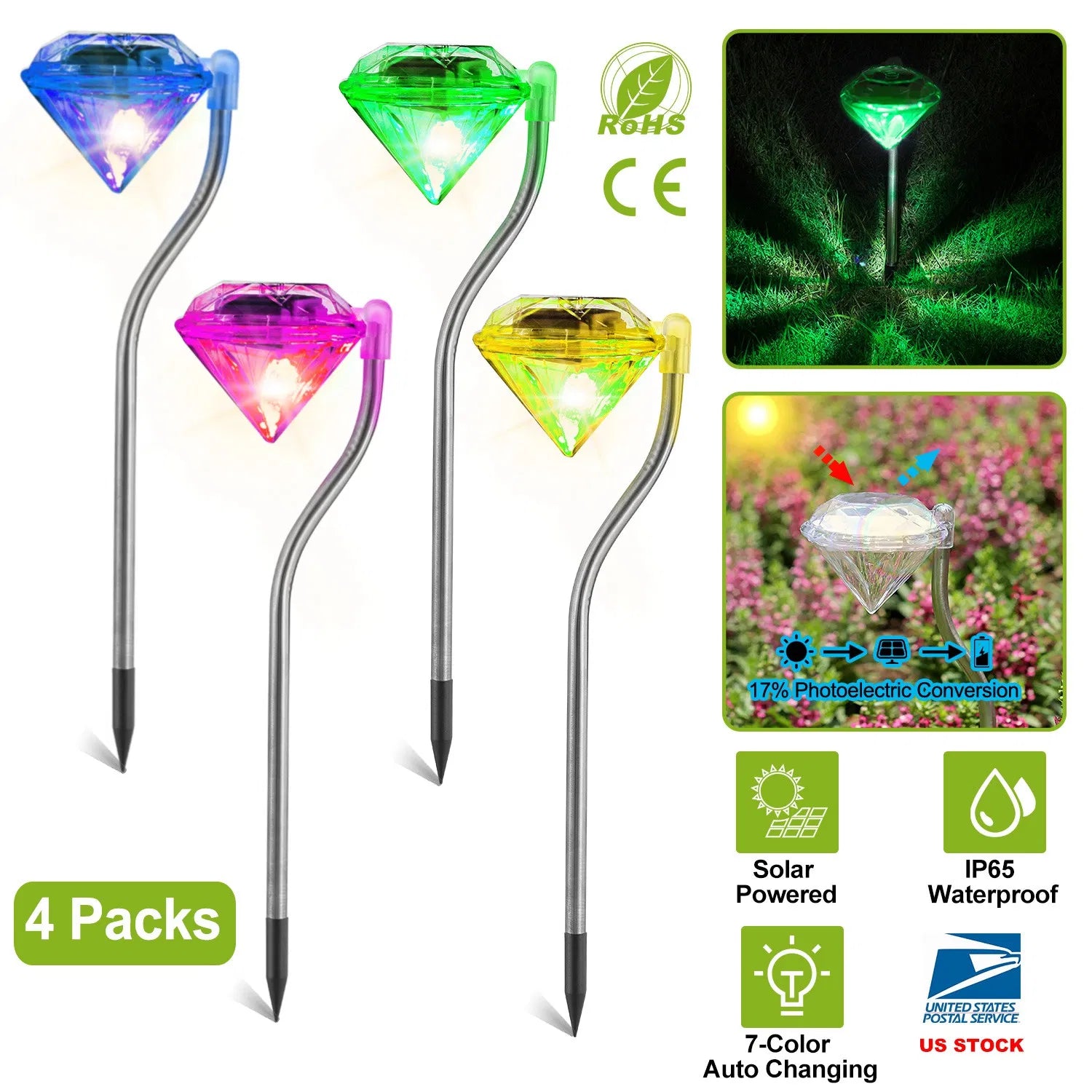 4Pcs Solar Garden Light Outdoor Diamond LED Light 7-Color Changing IP65 Waterproof Pathway Stake Decorative Lamp For Garden Patio Yard Walkway