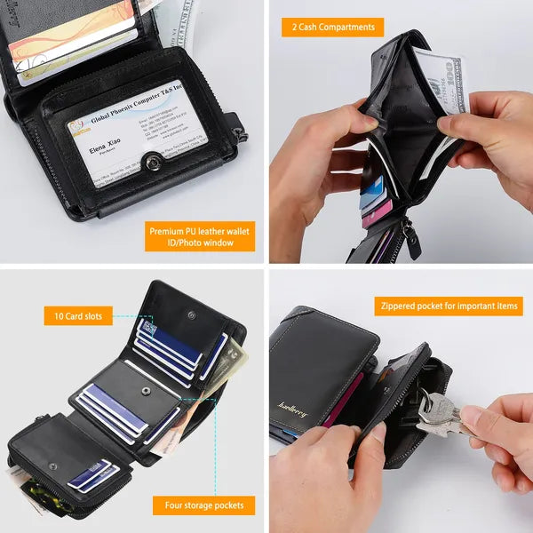 Men Leather Wallet ID Card Holder Purse Trifold Clutch Money Zipper With ID Window 14 Credit Card 1 ID Card