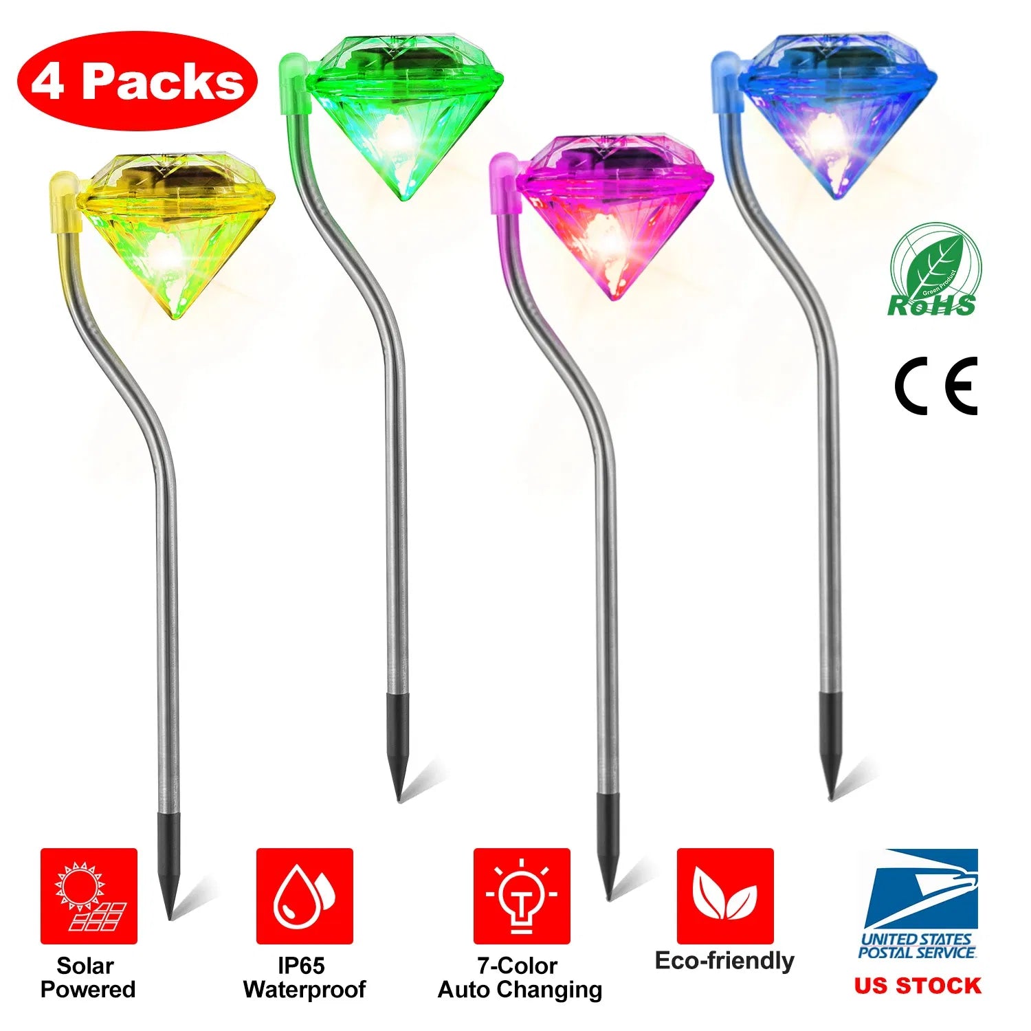 4Pcs Solar Garden Light Outdoor Diamond LED Light 7-Color Changing IP65 Waterproof Pathway Stake Decorative Lamp For Garden Patio Yard Walkway