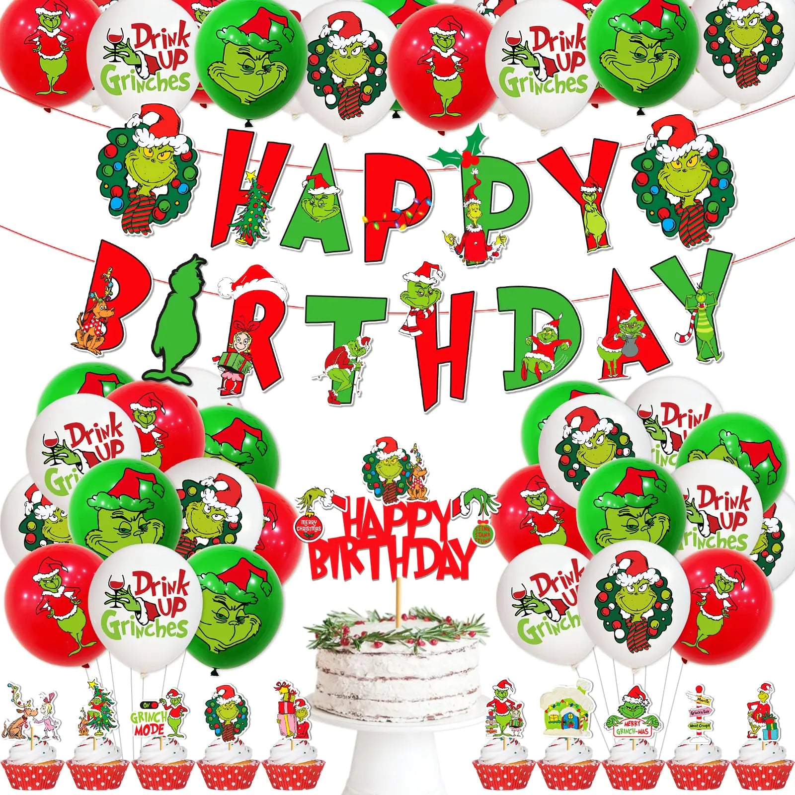 46Pcs Christmas Birthday Party Decorations Christmas Happy Birthday Banner Christmas Balloons Christmas Theme Birthday Party Decorations Merry Birthday Decorations