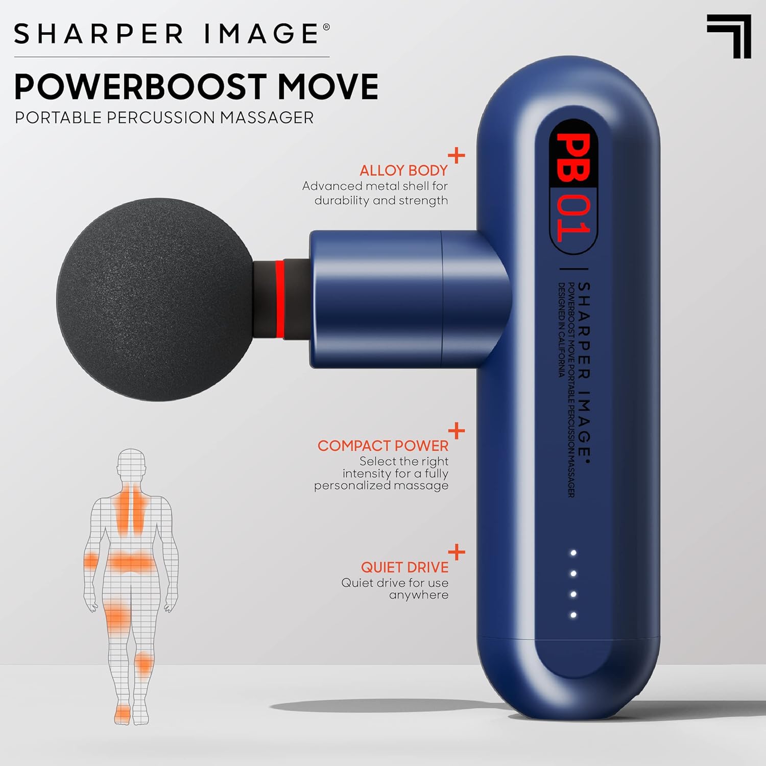 Sharper Image Deep Tissue Portable Percussion Massage Gun Powerboost Move Full Body Back & Neck Muscle Massager with 4 Attachments - Handheld Rechargeable Electric Massage Gun for Athletes