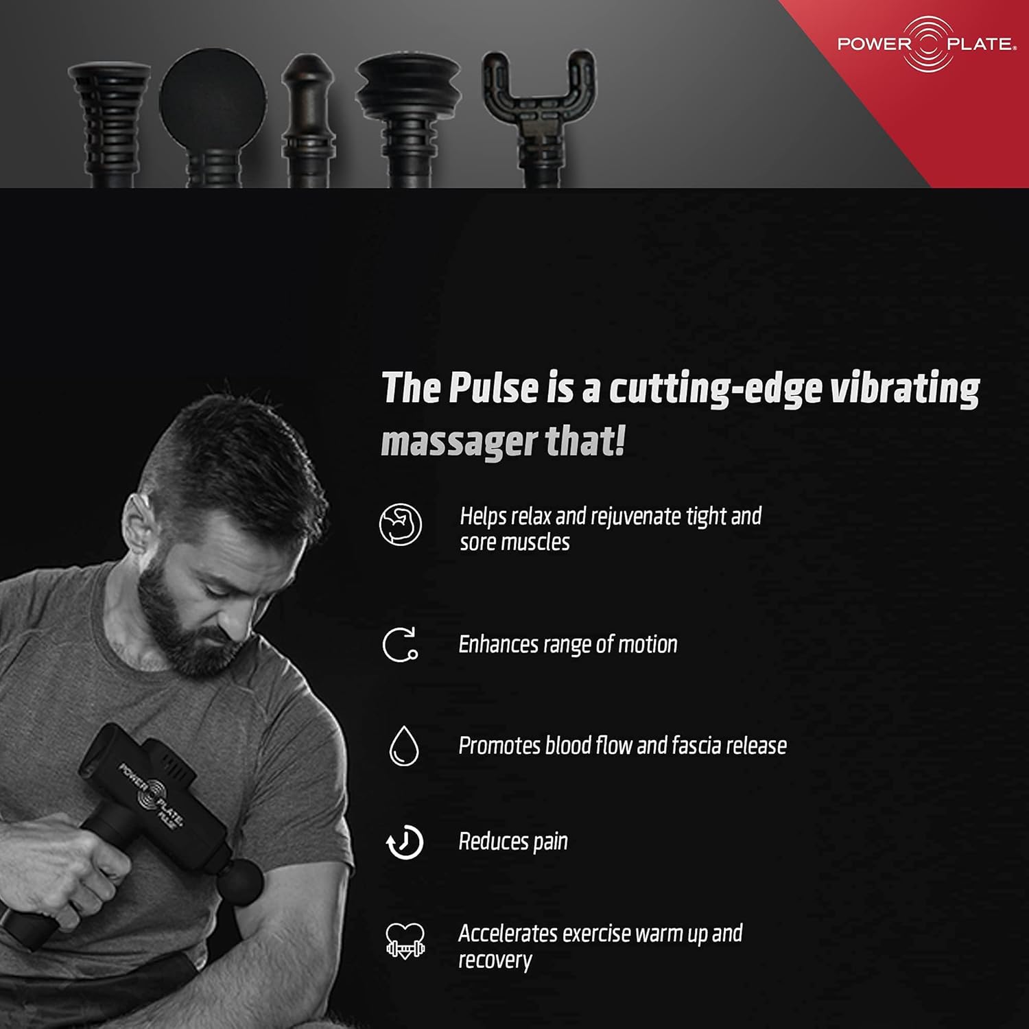 Power Plate Pulse 3.0 Massage Gun Deep Tissue Massage Gun with 6 Heads Carry Case Portable Rechargeable 6-Hour Battery (Black)