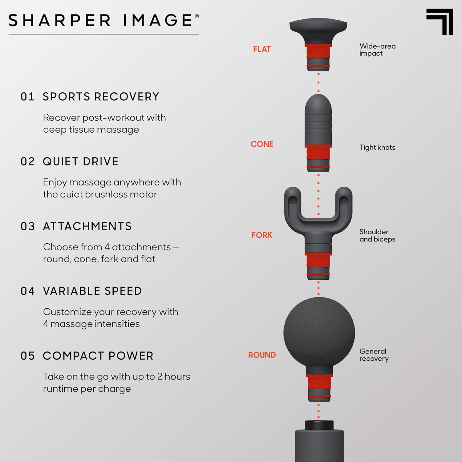 Sharper Image Deep Tissue Portable Percussion Massage Gun Powerboost Move Full Body Back & Neck Muscle Massager with 4 Attachments - Handheld Rechargeable Electric Massage Gun for Athletes