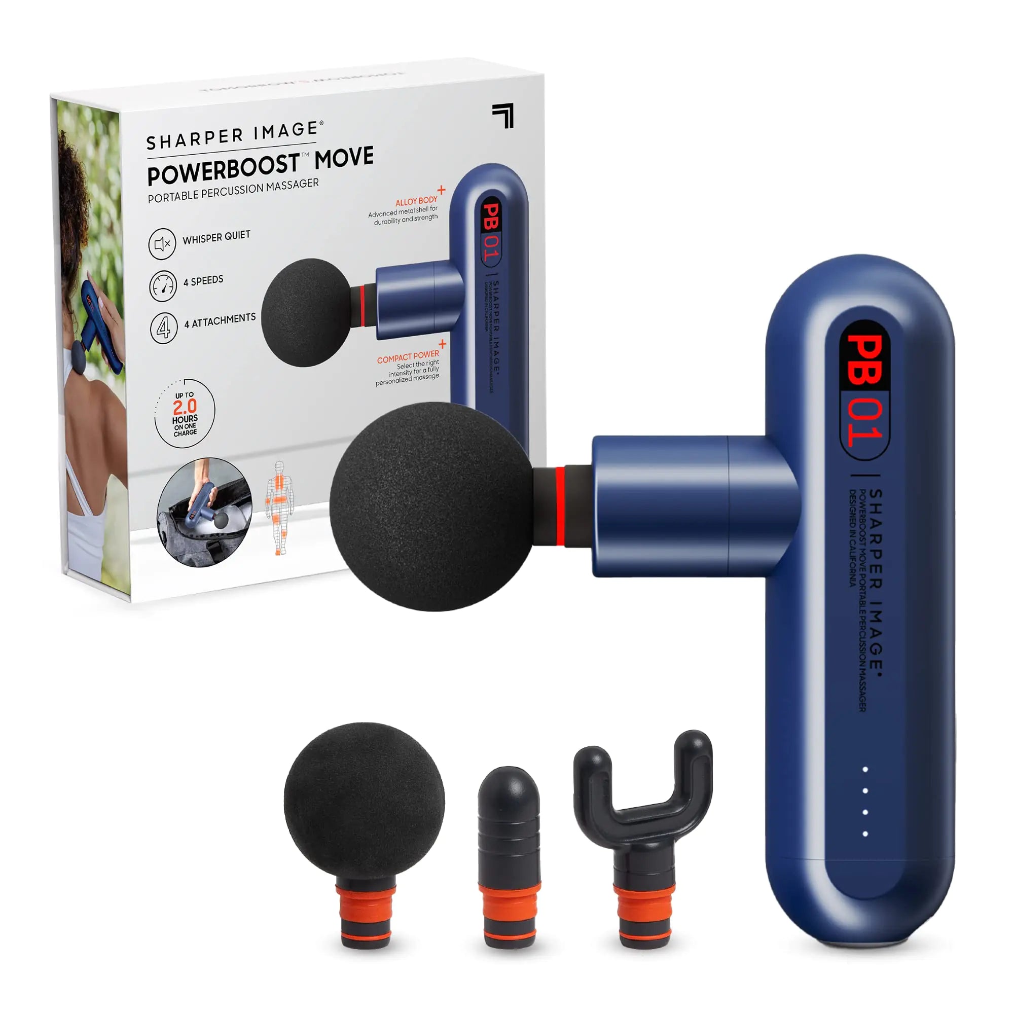 Sharper Image Deep Tissue Portable Percussion Massage Gun Powerboost Move Full Body Back & Neck Muscle Massager with 4 Attachments - Handheld Rechargeable Electric Massage Gun for Athletes
