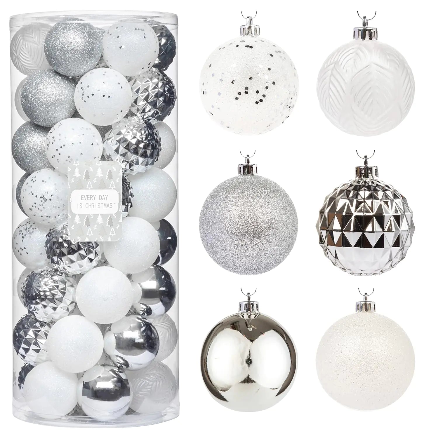 Everyday Joy Shatterproof Ornament Set 50pc White Silver