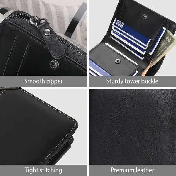 Men Leather Wallet ID Card Holder Purse Trifold Clutch Money Zipper With ID Window 14 Credit Card 1 ID Card