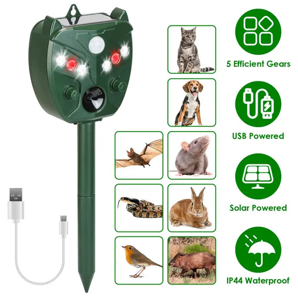 Ultrasonic Solar Animal Repeller Outdoor Mole Snake Squirrel Mouse Chaser Waterproof Bird Deer Dog Cat Deterrent With 5 Gears For Farm Garden Yard